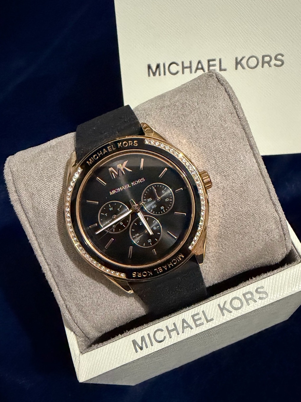 Women’s Michael Kors Rose Gold and Black Watch with Crystal Bezel